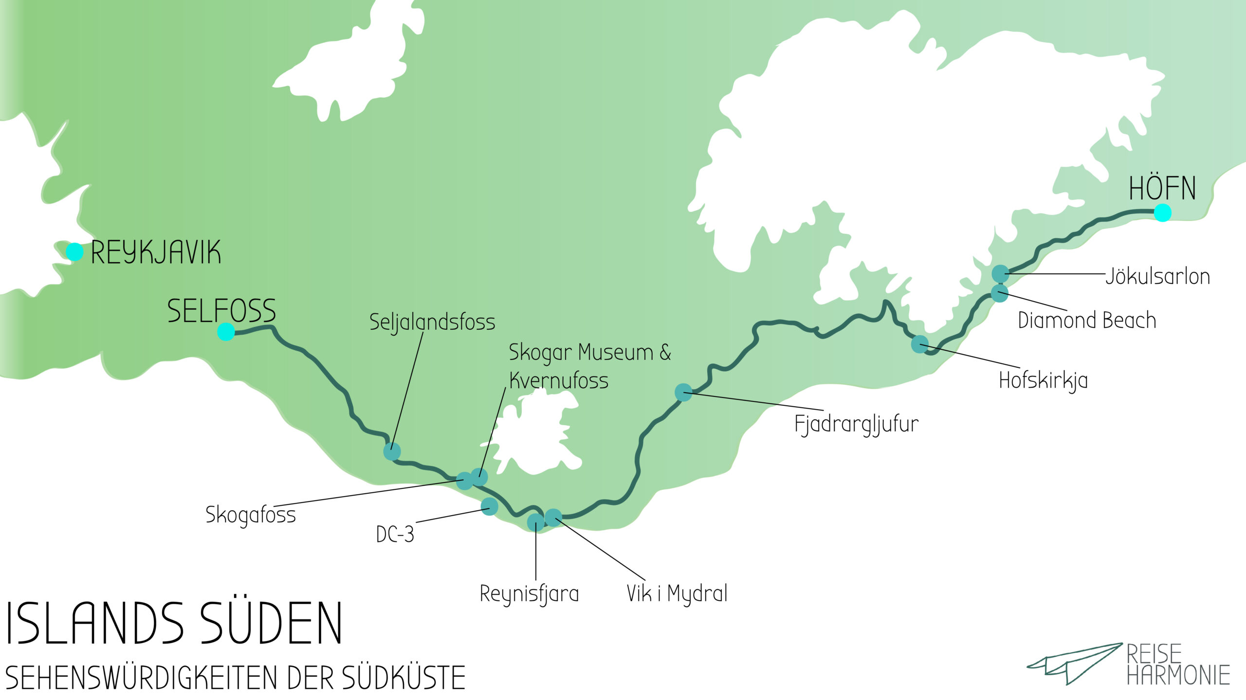 Islands Südküste mit Sehenswürdigkeiten Route der Südküste in Island mit Sehenswürdigkeiten